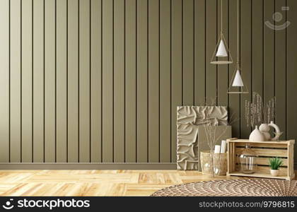 Empty room interior background, pendant lights over olive color paneling wall, home decor over the wooden planks wall. Weave rug on the parquet flooring. 3d rendering