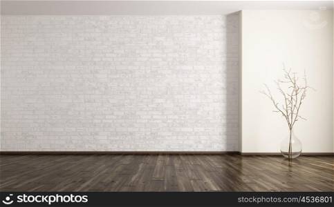 Empty room interior background, white brick wall, glass vase with branch 3d rendering