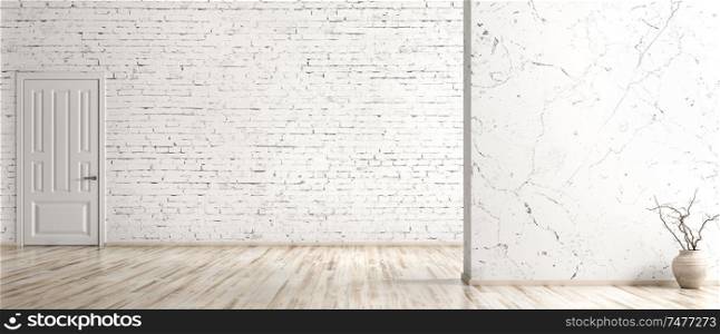 Empty room interior background, white brick wall, vase with branch on the hardwood floor and door, panorama 3d rendering