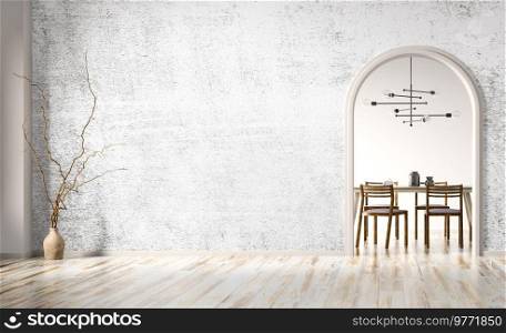 Empty room interior background, white concrete or stucco wall, arch door to dining room. Wooden floor, vase with branch. Mock up plaster wall with copy space. Home design. 3d rendering