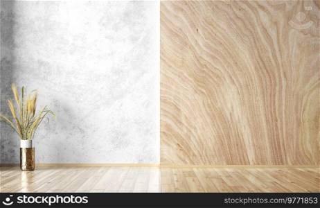 Empty room interior background, white gray stucco or concrete mock up wall. Natural wooden paneling wall. Wooden flooring. Decorative vase with grass. Home mock up design. 3d rendering