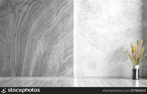 Empty room interior background, white gray stucco or concrete mock up wall. Natural wooden paneling wall. Wooden flooring. Decorative vase with grass. Home mock up design. 3d rendering