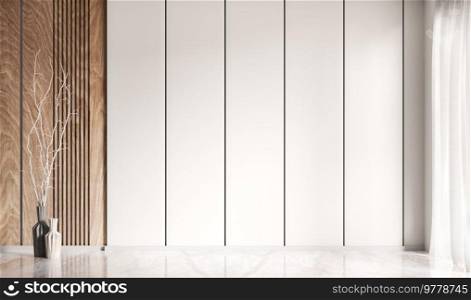 Empty room interior background, white paneling mock up wall. Wooden board paneling and marble flooring. Decorative vases with white twig. Home mock up design. Window and curtain. 3d rendering
