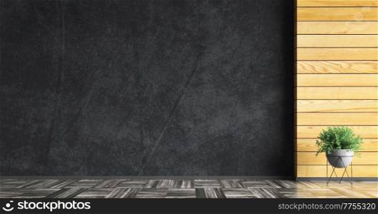 Empty room interior background, wooden boards paneling and black concrete stucco mockup wall, wooden flooring, pot with grass. Copy space. 3d rendering