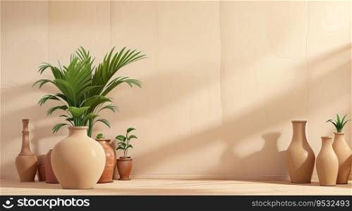 Empty Room Interior with Beige Stucco Wall, Vases, and Palm Leaf Background. Generative AI.