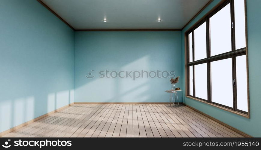 Empty room - mint wall on wood floor interior and decorations plants. 3D rendering