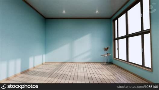 Empty room - mint wall on wood floor interior and decorations plants. 3D rendering