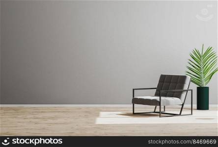 Empty room mock up with gray armchair and green plant, empty gray wall and wooden floor, gray room interior background, scandinavian style, 3d render