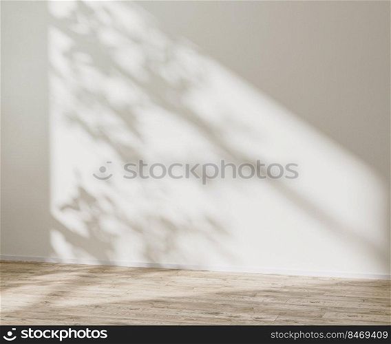 empty room mock up with wooden floor and empty white wall with sunlight and leaves shadow, 3d rendering