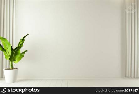 Empty room white on white wooden floor interior design and decoration plants.3D rendering