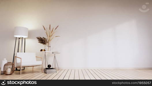 Empty room - white wall on wood floor interior and decorations plants. 3D rendering