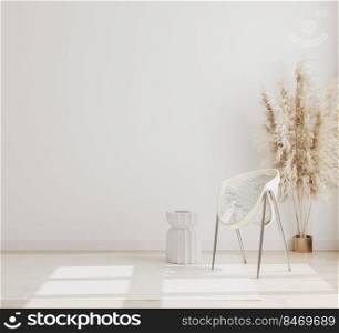 empty room with a chair, p&as grass, rug and empty white wall, modern living room interior background, living room interior mock up, scandinavian style, 3d rendering