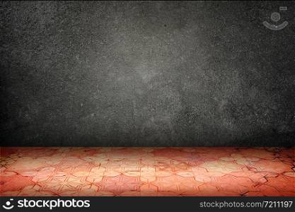 Empty room with black stone wall and vintage pattern brick block floor,Template Mock up for display of your content.