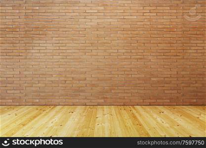 empty room with brick wall and wooden floor, 3d rendering