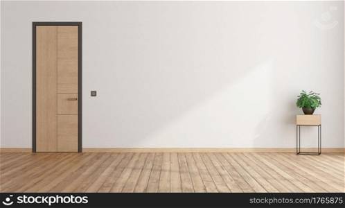 Empty room with closed door white walls and houseplant on side table - 3d rendering. Empty room with closed door and houseplant