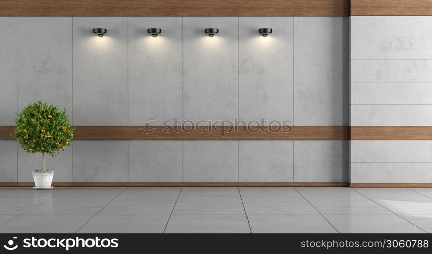 Empty room with concrete walls, wooden frames and spotlight - 3d rendering. Empty room with concrete walls and wooden frames
