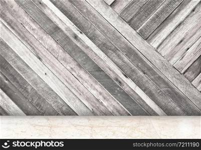 Empty room with diagonal wooden wall and marble floor room,Template Mock up for your content.