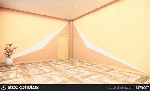 empty room with geometric wall design yellow orange and brown on woodenfloor. 3D rendering