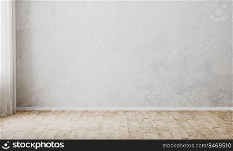 Empty room with gray decorative plaster wall and wooden parquet floor, ?urtain, empty concrete wall background, 3d rendering