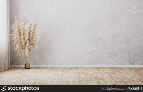 Empty room with gray wall and wooden floor, curtain and vase with decorative dried grass, p&as grass, wall background, 3d rendering