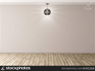 Empty room with lamp against of beige wall, wooden floor, interior background 3d rendering