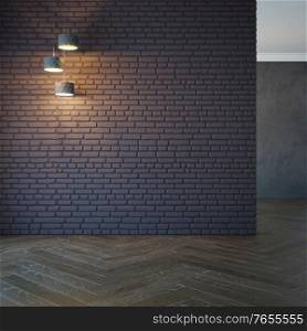 empty room with light and blank brick wall, 3d rendering