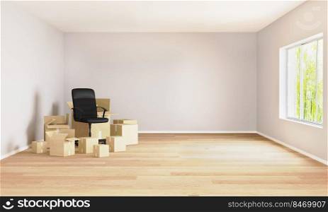 Empty room with moving boxes and office chair. Moving concept. Room for mockup. 3d rendering. Room with light walls and wooden floor