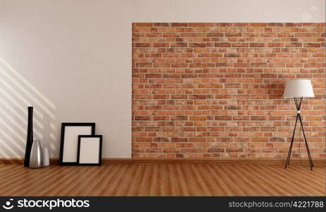 Empty room with old brick wall frame vase and lamp on parquet floor - rendering