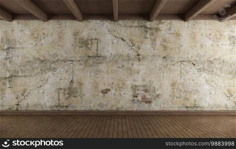 Empty room with old wall, hardwood floor and wooden ceiling - 3d rendering. Empty room with old wall and hardwood floor