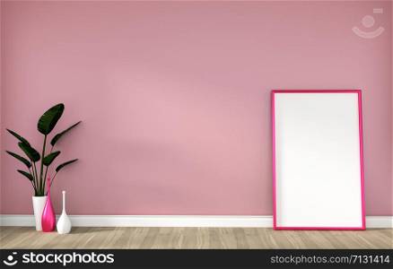 empty room with pink frame on hardwood floor and pink wall 3D rendering