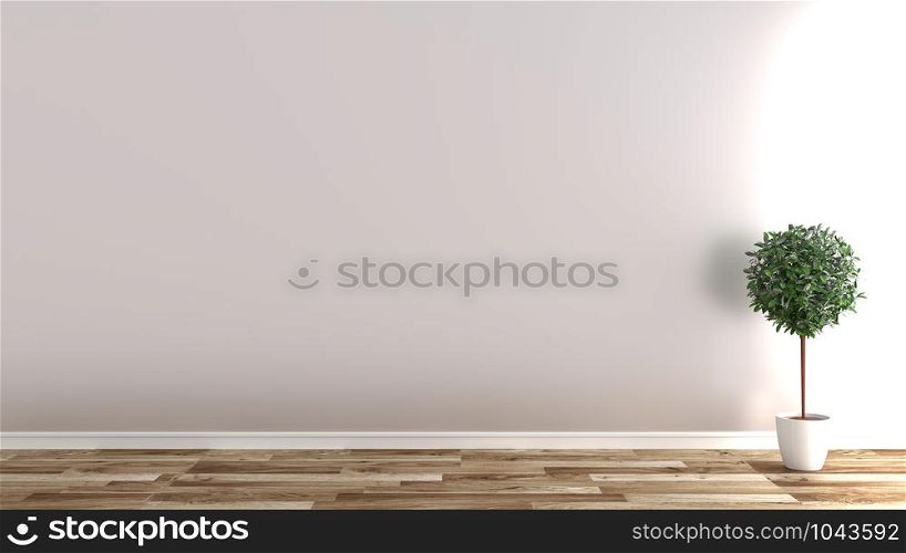 Empty room with plants on wooden floor, white wall background .3D rendering