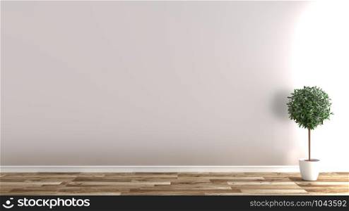 Empty room with plants on wooden floor, white wall background .3D rendering