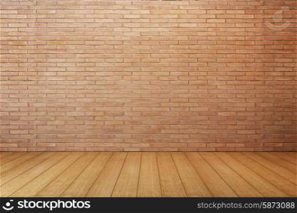 empty room with red brick wall and wooden floor