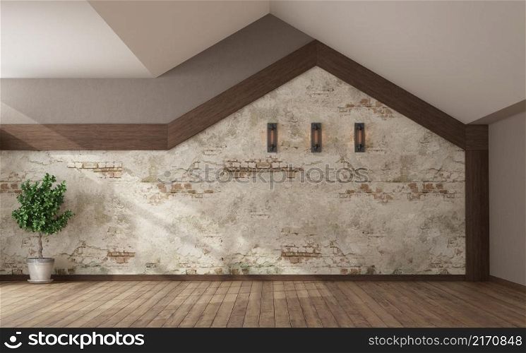 Empty room with stone wall and pitched roof,hardwood floor and wall lamp - 3d rendering. Empty room with stone wall and pitched roof