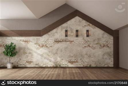 Empty room with stone wall and pitched roof,hardwood floor and wall lamp - 3d rendering. Empty room with stone wall and pitched roof