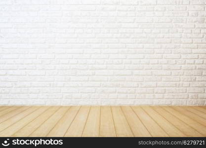 empty room with white brick wall and wooden floor