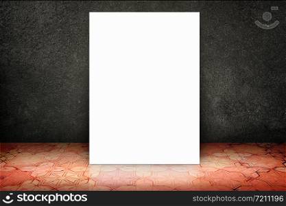 Empty room with white poster at black stone wall and vintage pattern brick floor,Template Mock up for display of your content.