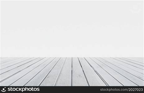 Empty room with white wooden floor or desktop background. Table top for advertising and copy space. Architecture and interior concept. 3D illustration rendering