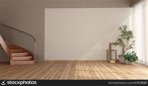 Empty room with wooden staircase,steel railing and plants - 3d rendering. Empty room with wooden staircase