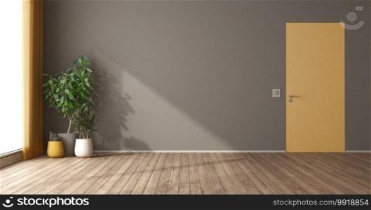 Empty room with yellow flush wall door and houseplants - 3d rendering. Empty room with flush wall door