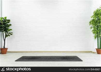 Empty room with yoga mat on floor with white wall. Can use for backdrop and background.