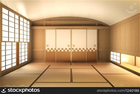 Empty room wood on wooden floor japanese interior design.3D rendering