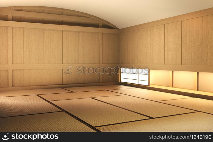 Empty room wood on wooden floor japanese interior design.3D rendering