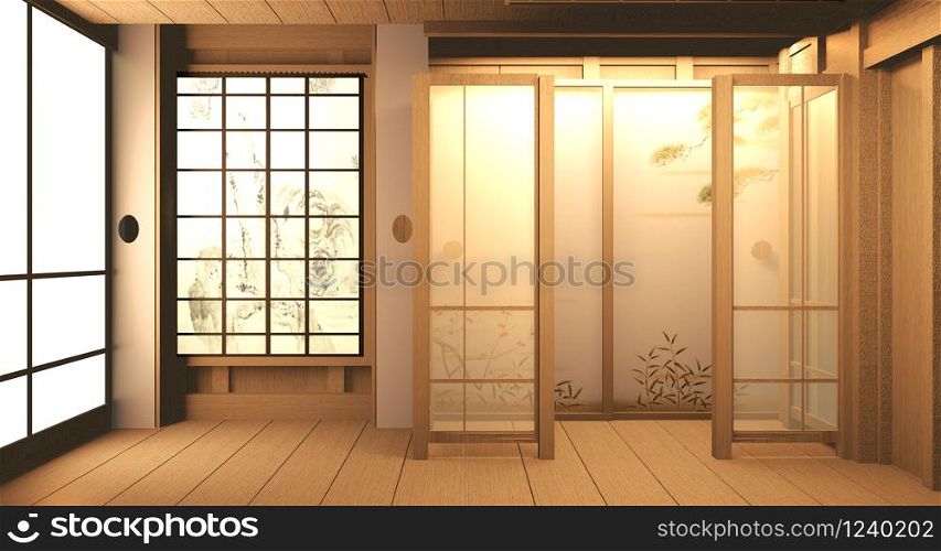 Empty room wood on wooden floor japanese interior design.3D rendering