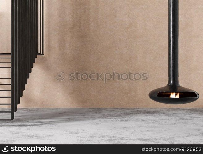 Empty room, wooden wall and concrete floor. Only wall, floor, stairs and fireplace. Mock up interior. Free, copy space for your furniture, picture, decoration and other objects. 3D rendering. Empty room, wooden wall and concrete floor. Only wall, floor, stairs and fireplace. Mock up interior. Free, copy space for your furniture, picture, decoration and other objects. 3D rendering.