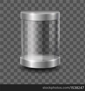 Empty round 3d capsule glass showcase front view vector graphic illustration. Realistic clean cylinder shape display box isolated on transparent background. Empty round 3d capsule glass showcase front view vector graphic illustration