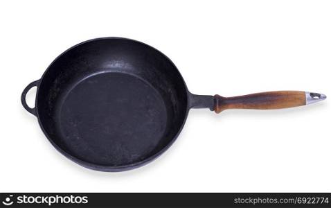 empty round cast iron frying pan with wooden handle isolated on white background, top view