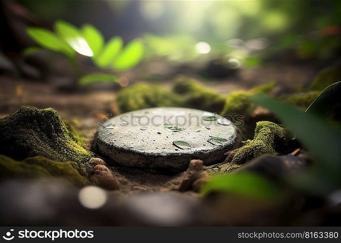 Empty round stone pebble with blurred rainforest on background. Product background. Generative Ai image. Empty round stone pebble with blurred rainforest on background. Product background