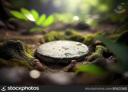 Empty round stone pebble with blurred rainforest on background. Product background. Generative Ai image. Empty round stone pebble with blurred rainforest on background. Product background