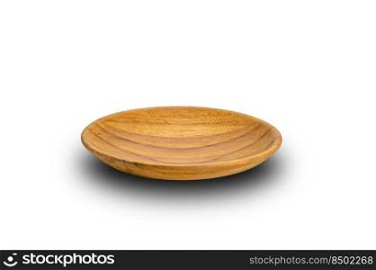 Empty round wooden plate bowl cup isolated on white background with clipping path.